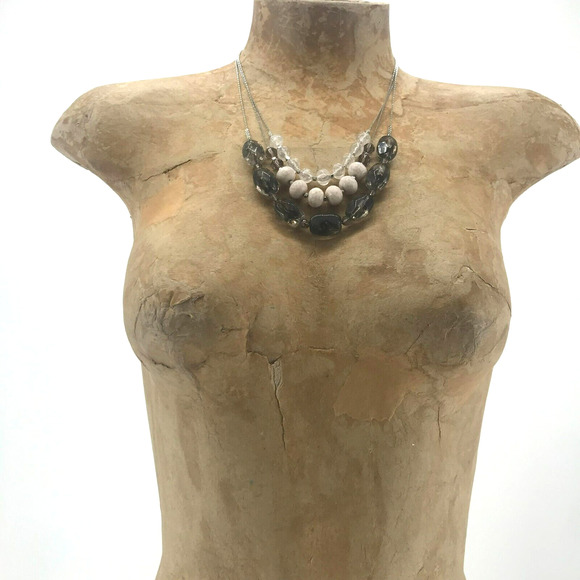 Ann Taylor Loft Three Strand Beaded Necklace Clear White Smokey Silver - Picture 4 of 9